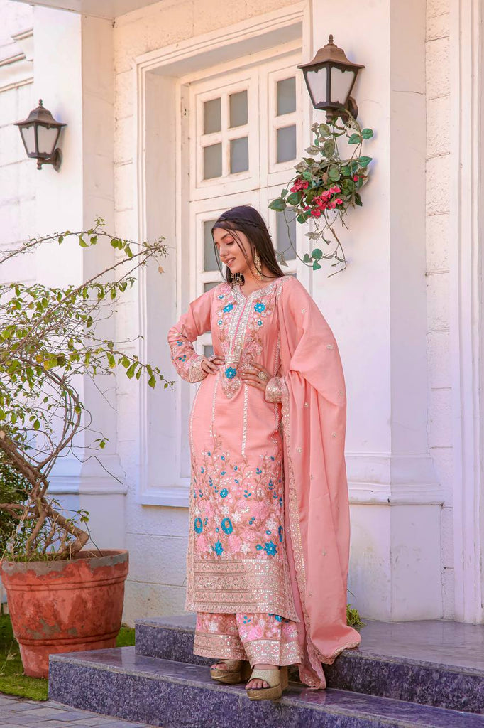 Peach Pure Chinon Silk Sequence Embroidery Work Plazzo Suit