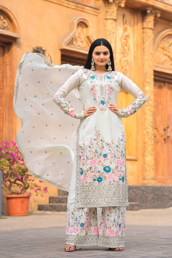 White Pure Chinon Silk Sequence Embroidery Work Plazzo Suit