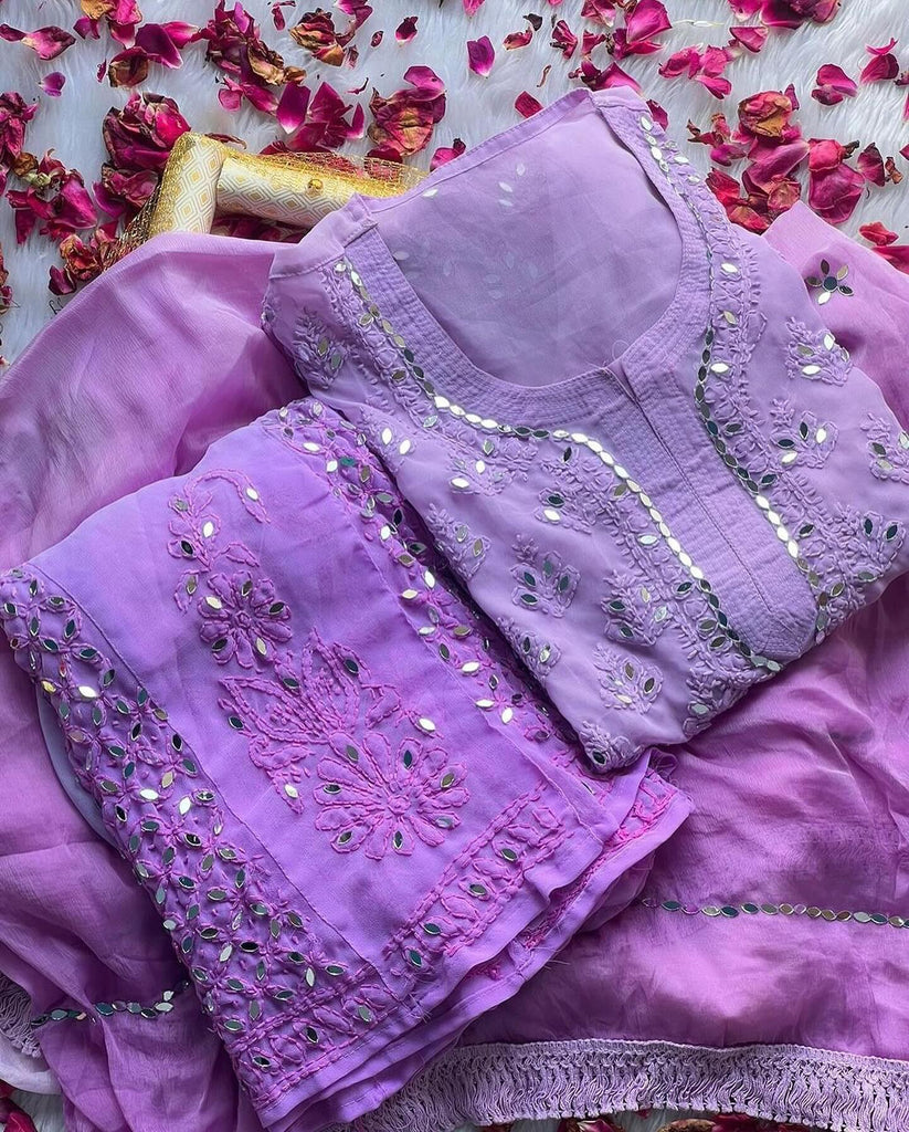 Ombre Viscose Georgette Butti Jaal Mirror Work Chikankari Kurta Palazzo With Dupatta Set