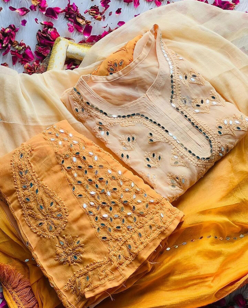 Ombre Viscose Georgette Butti Jaal Mirror Work Chikankari Kurta Palazzo With Dupatta Set