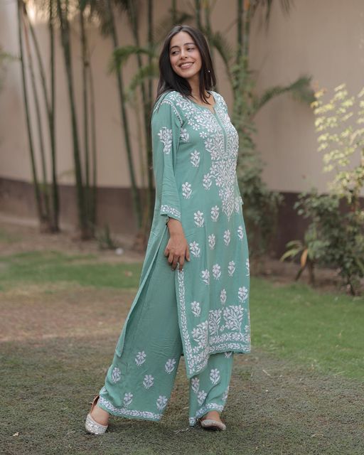 Sea Green Rayon Cotton Chikankari Kurta With Palazzo