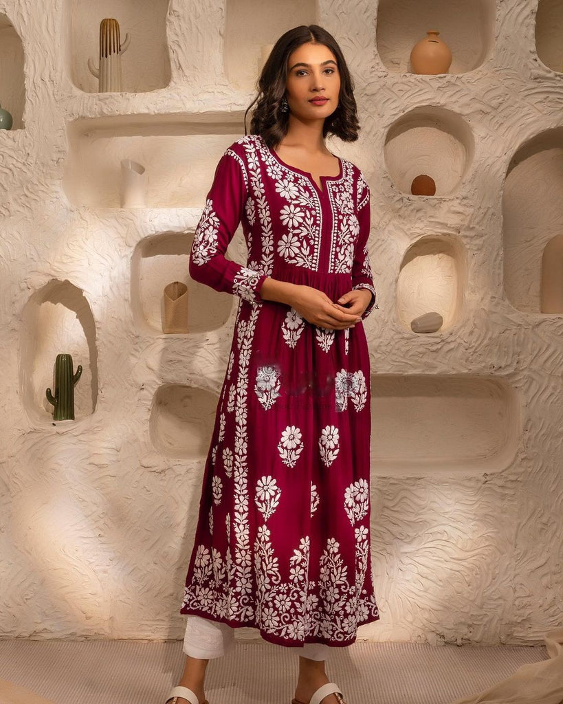 Maroon Rayon Cotton Chikankari Gown With Pant