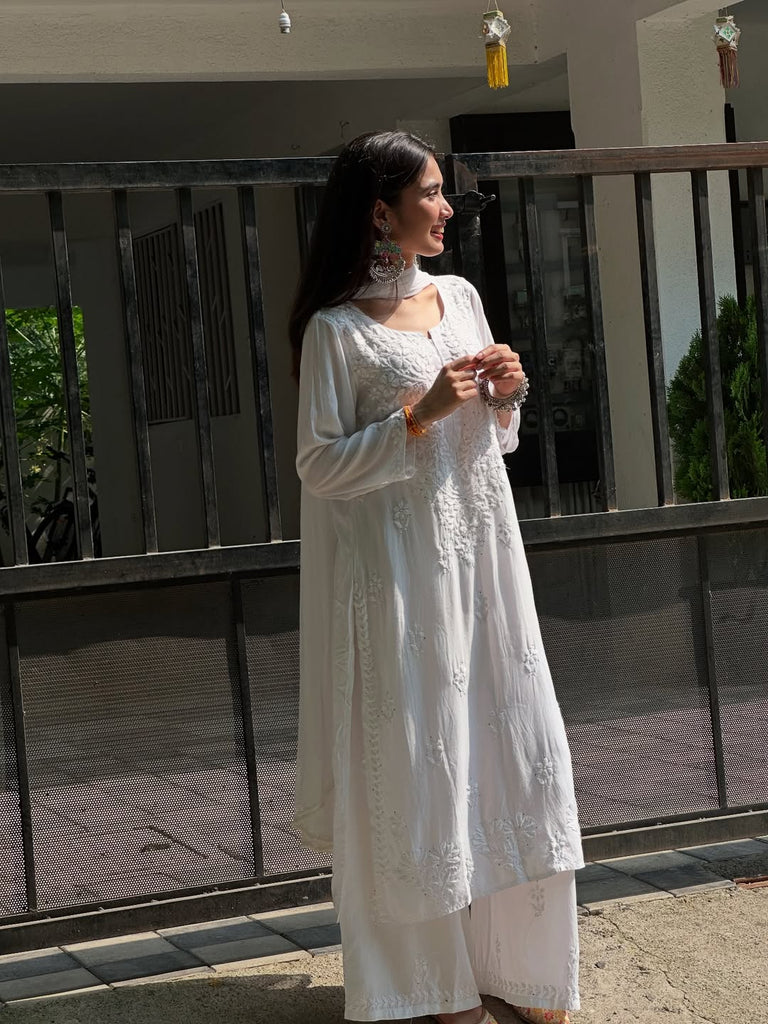 Rayon Cotton Chikankari Kurta with Palazzo & Chiffon Dupatta