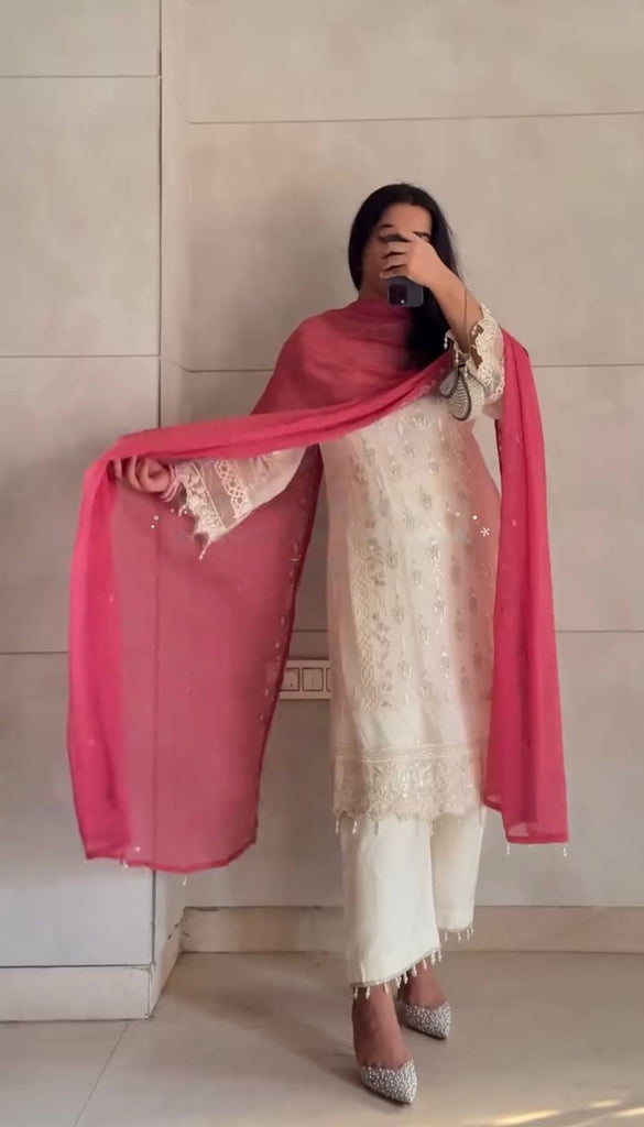 White Faux Georgette Sequence Embroidery Work Salwar Suit