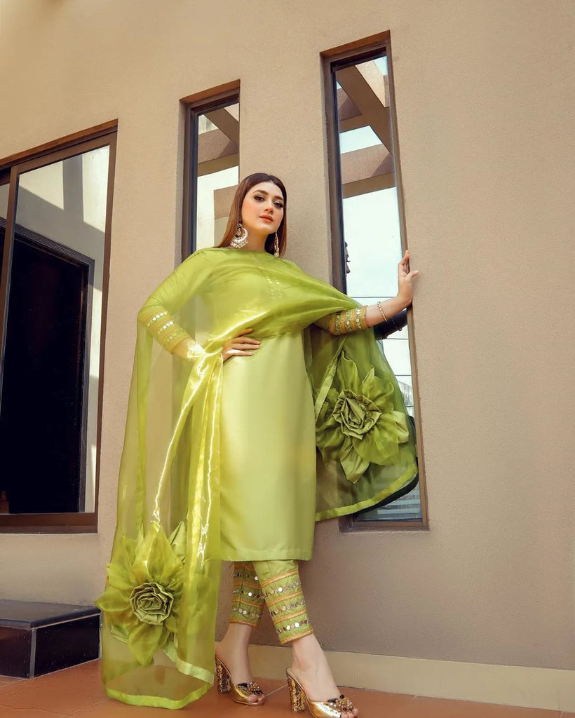 Green Taffeta Silk Mirror Work Salwar Suit With Organza Silk Dupatta