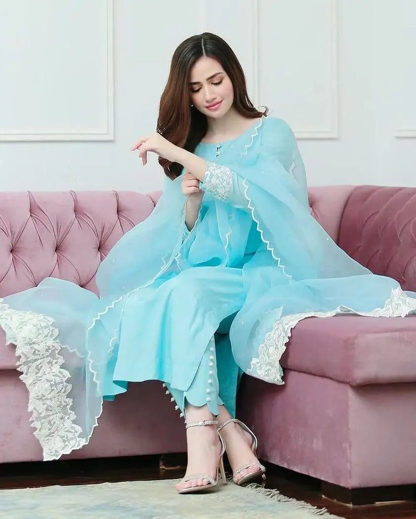 Sky Blue Plain Rayon Cotton Salwar Suits With Organza Silk Dupatta