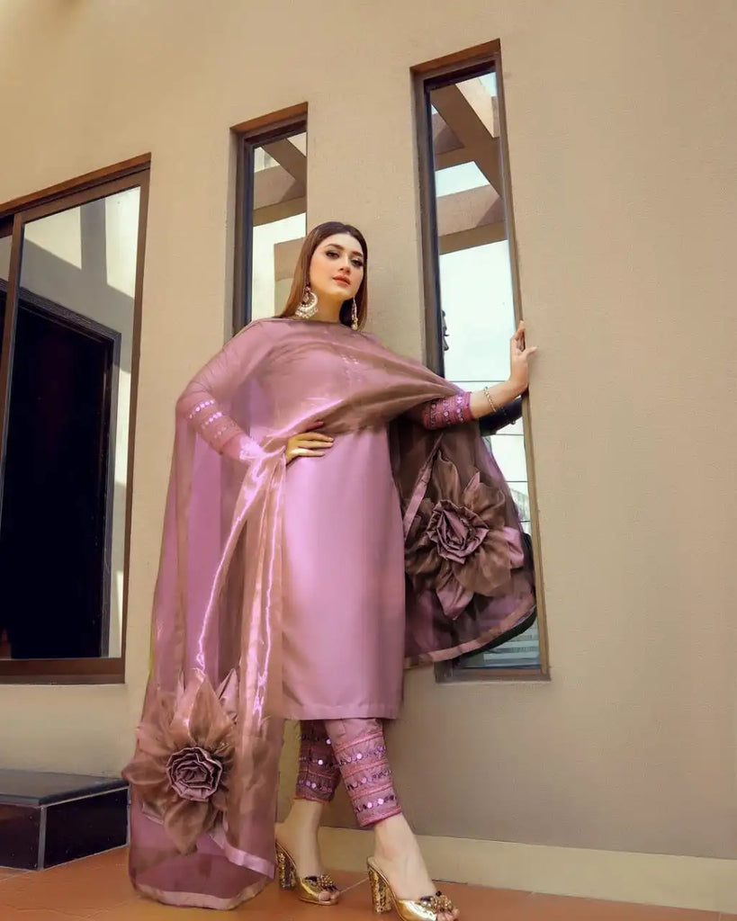 Pink Taffeta Silk Mirror Work Salwar Suit With Organza Silk Dupatta