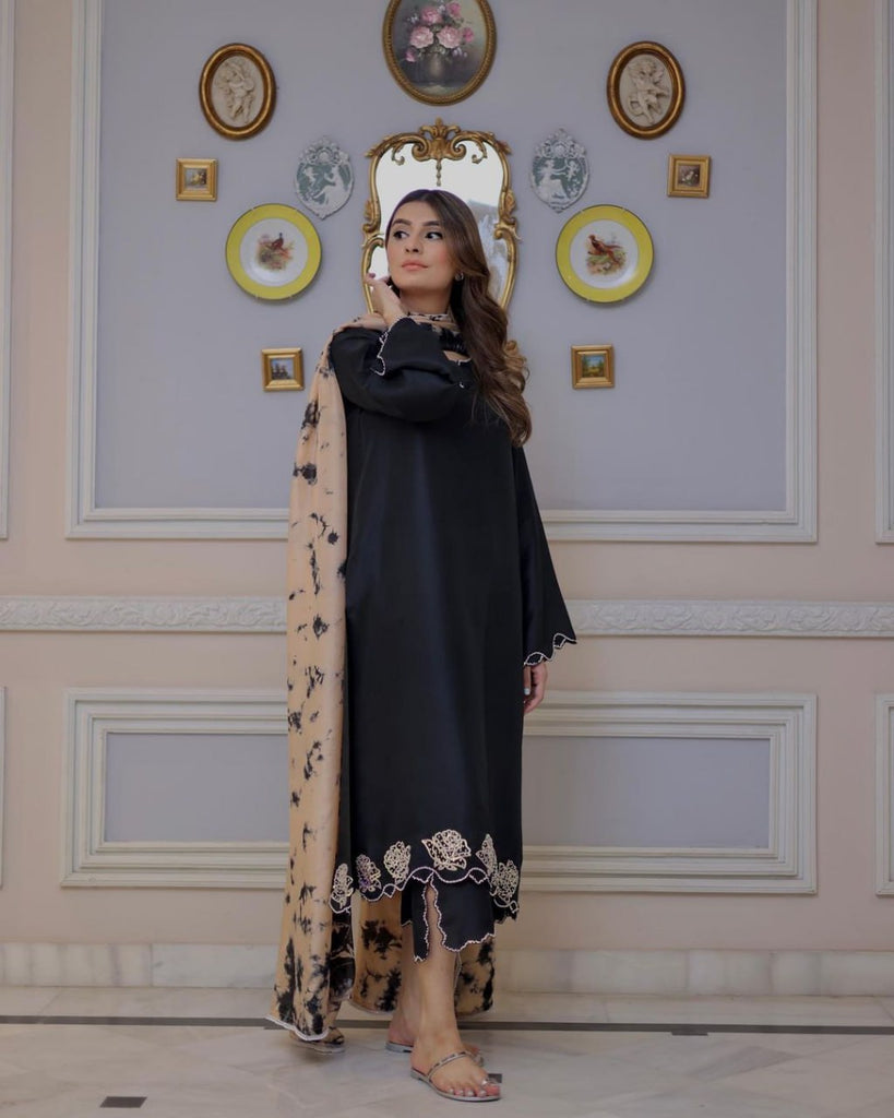 Black Crepe Silk Embroidered Salwar Suit With Dupatta Set