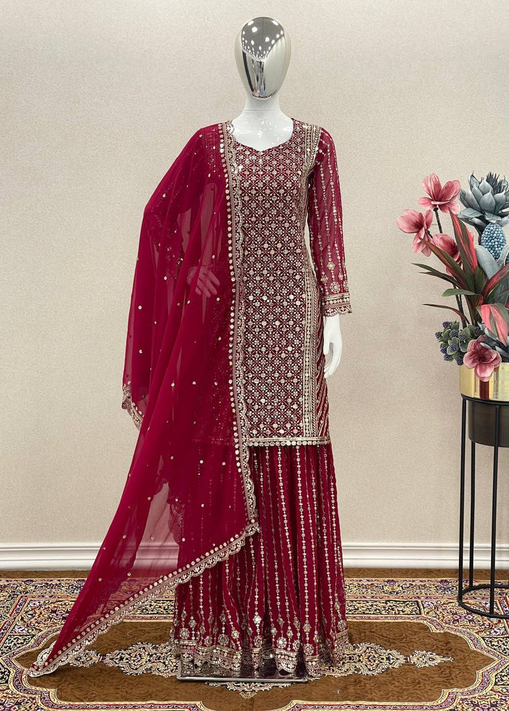 Maroon Georgette Top With Plazo And Georgette Dupatta