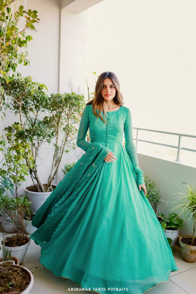 Aqua Green Party Wear Gown With Georgette Dupatta