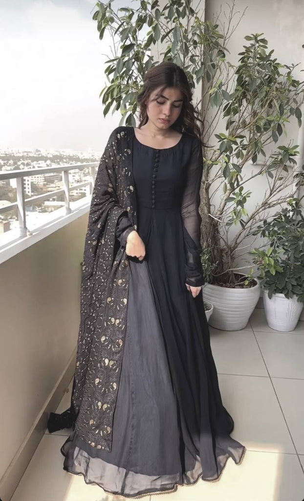 Designer Black Color Heavy Embroidery Gown With Dupatta – Amrutamfab