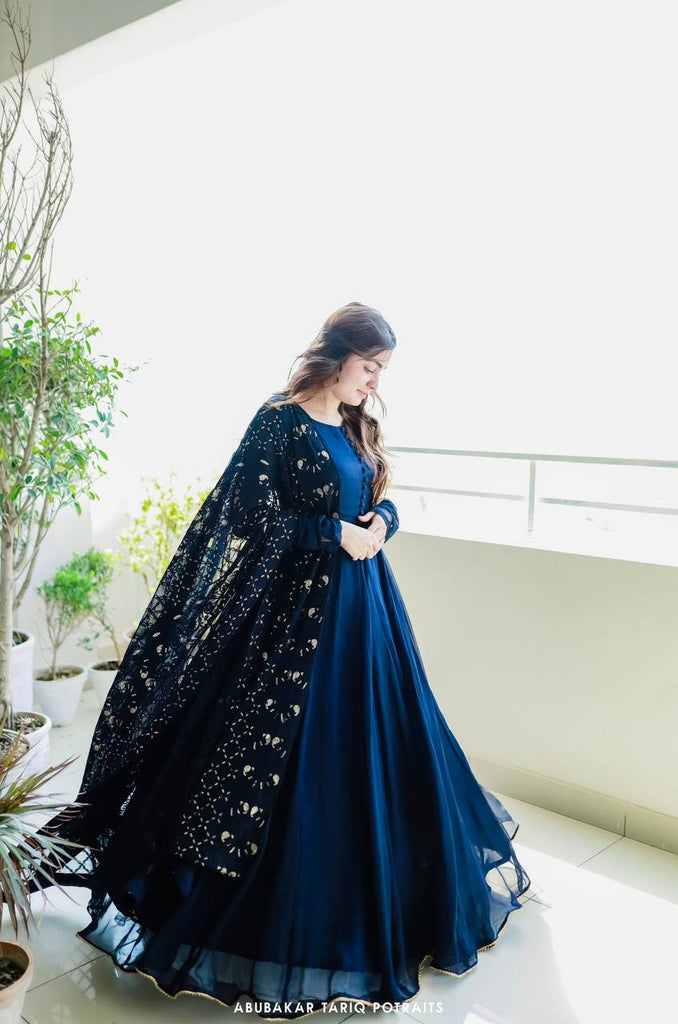 Navy Blue Party Wear Gown With Georgette Dupatta