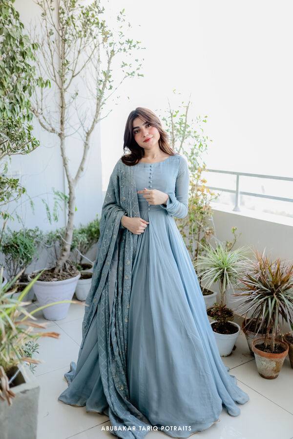 Gray Party Wear Gown With Georgette Dupatta
