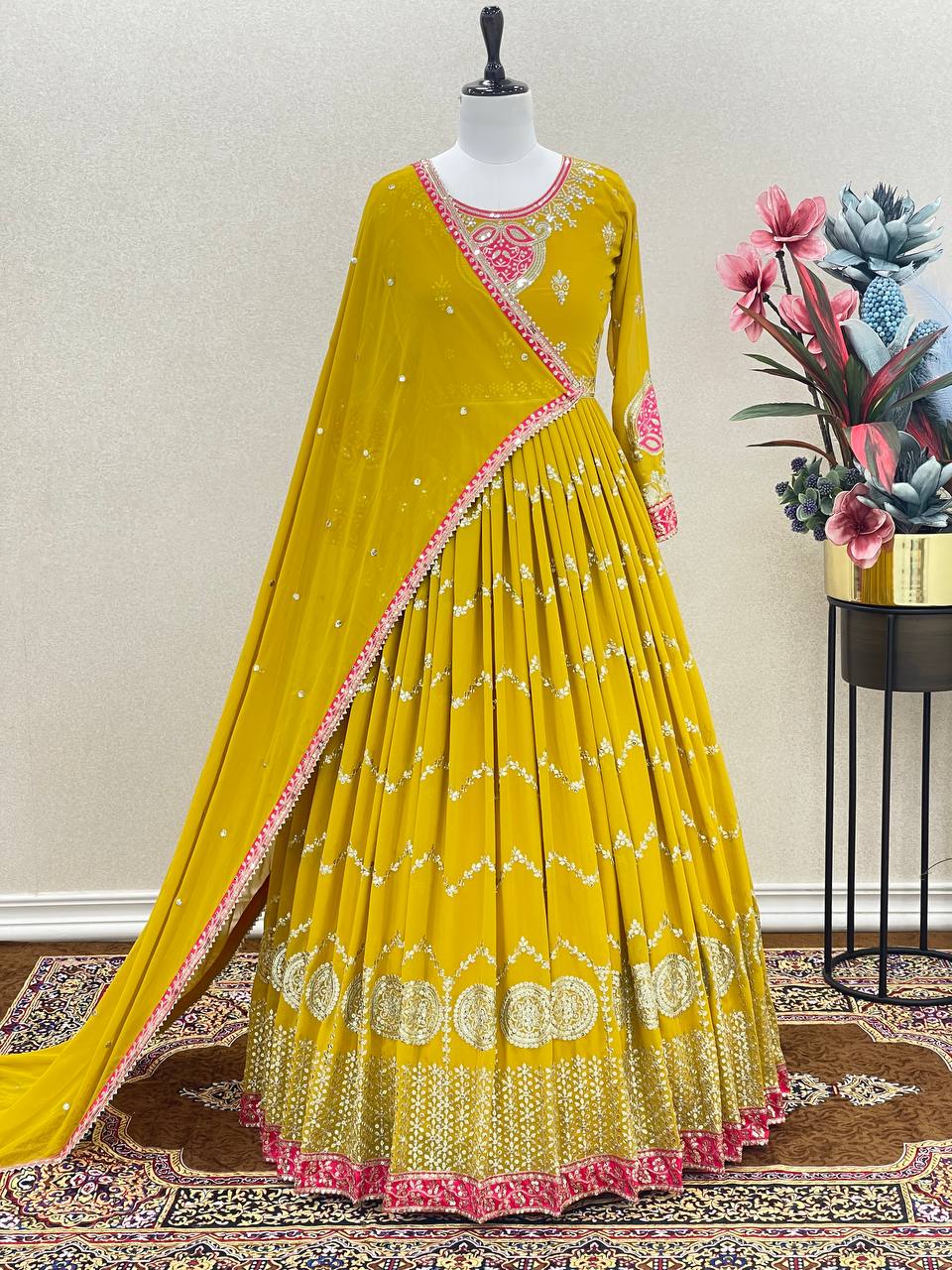Yellow Festive Wear Sequence Embroidered Georgette Dress Material