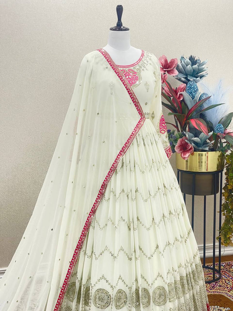 White Georgette Gown With Georgette Dupatta Set