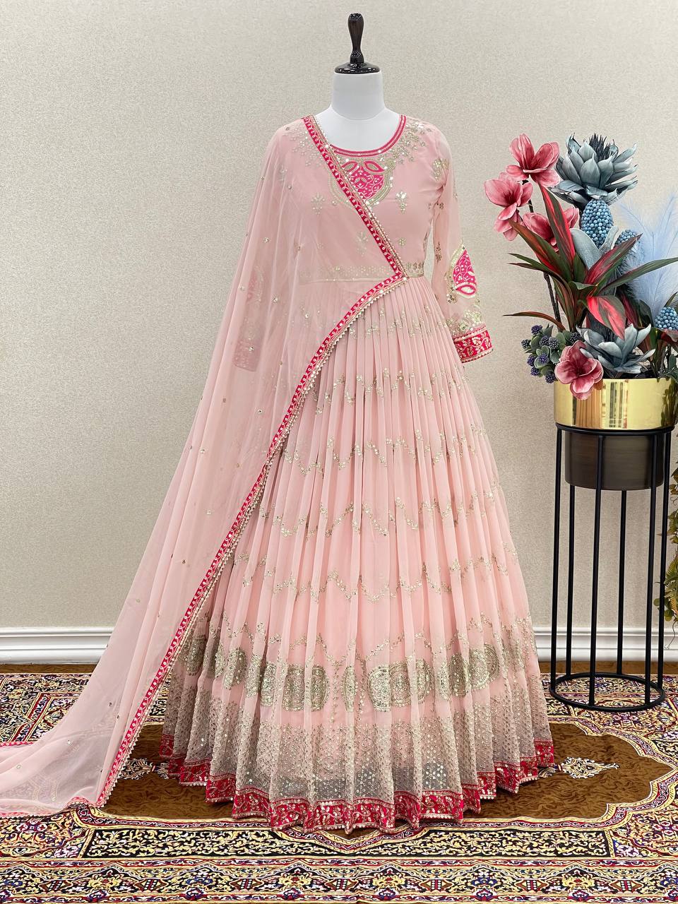 Ethnic Gowns | PARTY WEAR LONG GOWN FOR WOMEN (Net / Baby Pink Color) |  Freeup