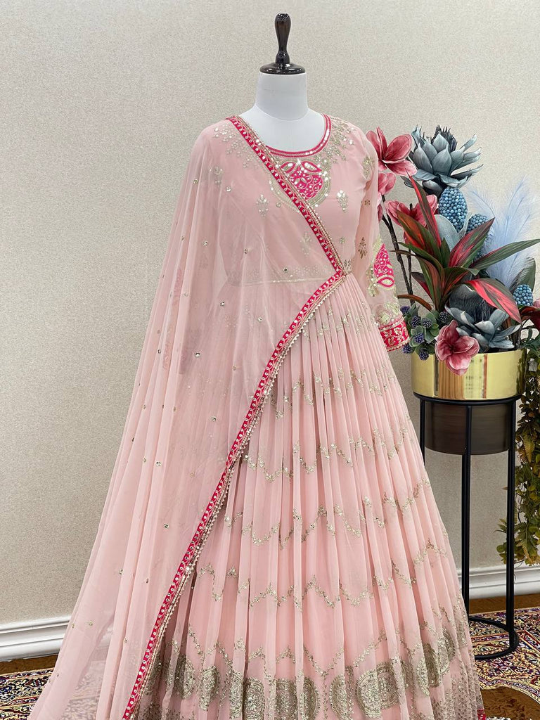Buy Peach Faux Georgette Wedding Wear Embroidery Work Gown With Dupatta  Online From Wholesale Salwar.