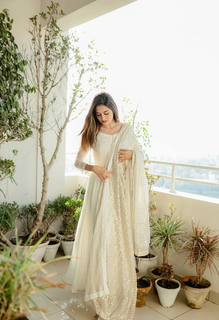 White Party Wear Georgette Gown And Georgette Dupatta