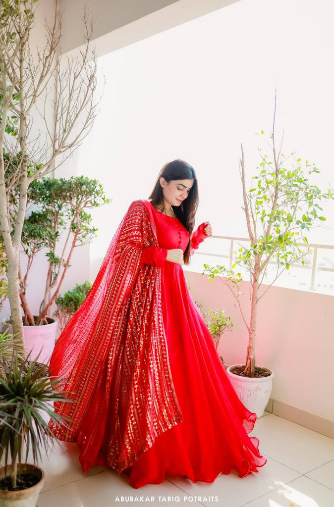 Red Party Wear Georgette Gown And Georgette Dupatta