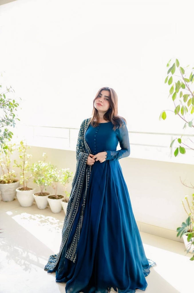 Pakistani Designer Dress - Royal Blue Party Wear Gown