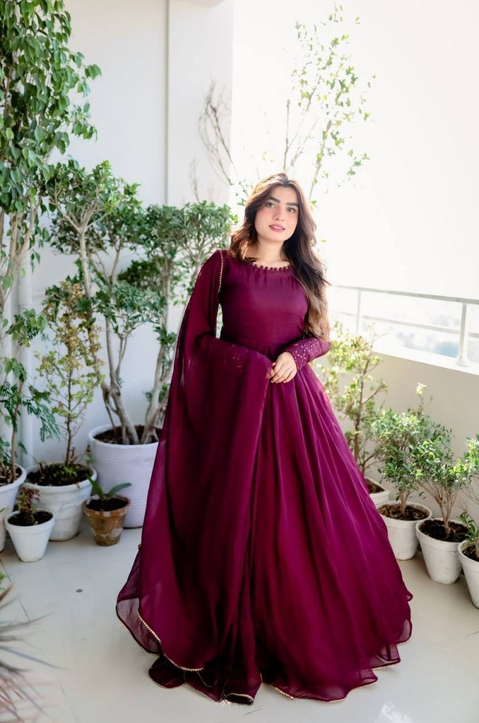 Wine Heavy Faux Georgette Gown With Dupatta