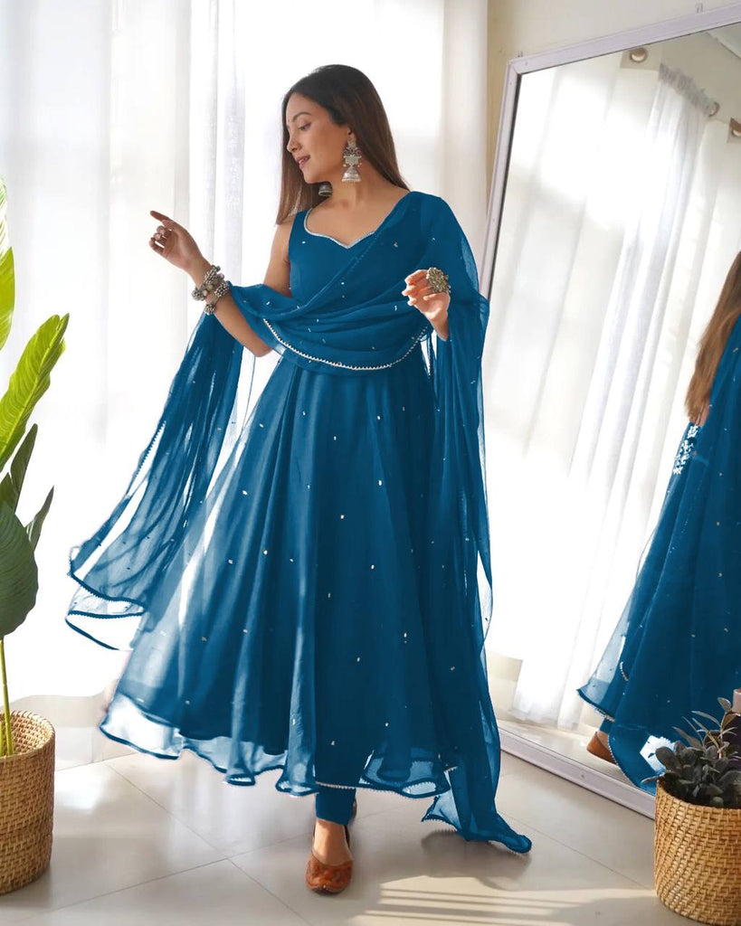 Rama Blue Georgette Gown With Dupatta