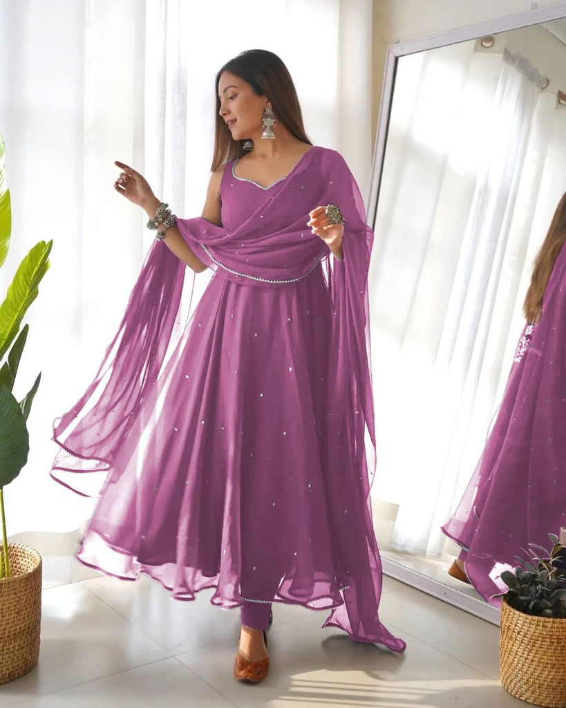 Purple Georgette Gown With Dupatta