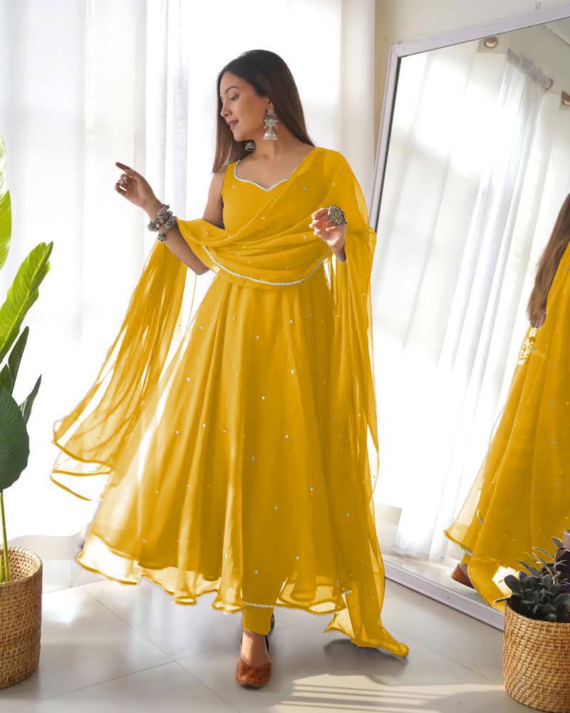 Mustard Yellow Georgette Gown With Dupatta