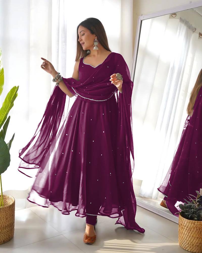 Wine Georgette Gown With Dupatta