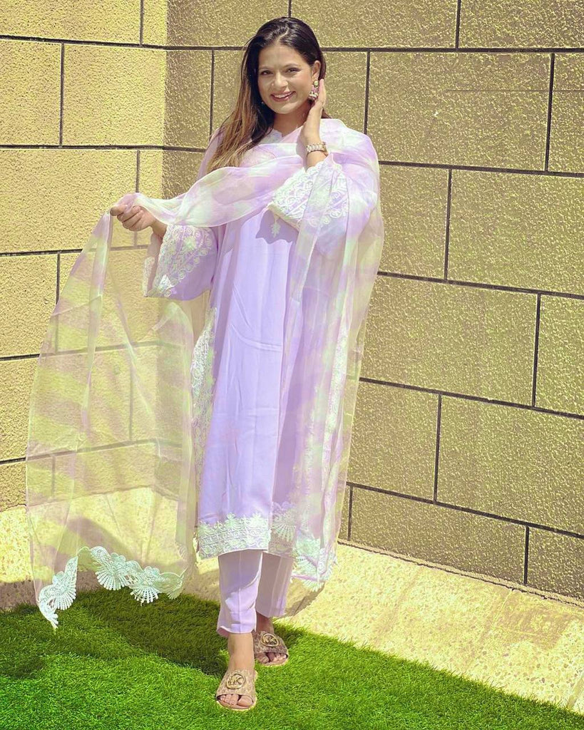 Lavender Faux Georgette Embroidered Salwar Suit With Dupatta Set