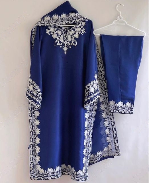 Royal Blue Faux Georgette Embroidered Salwar Suit With Dupatta Set