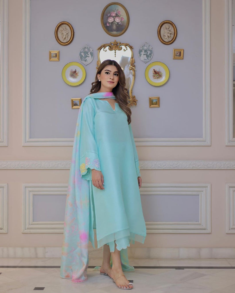 Aqua Blue Crepe Silk Embroidered Salwar Suit With Dupatta Set